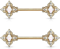 Forbidden Body Jewelry Pair of Surgical Steel 9/16 Inch (14mm) Posh Floral Synthetic Opal Center Nipple Barbells