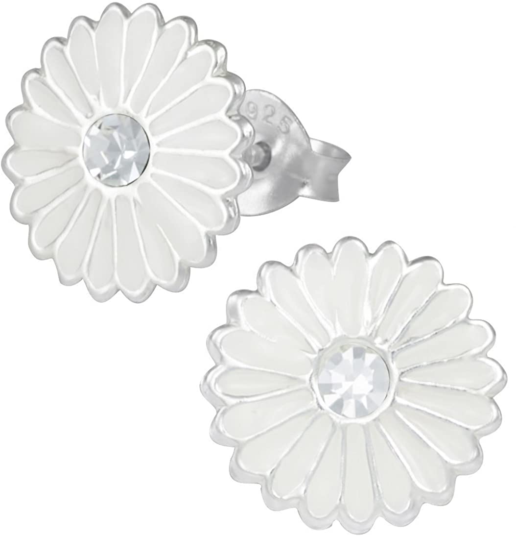 Hypoallergenic Sterling Silver White Flower with Crystal Stud Earrings for Kids (Nickel Free)