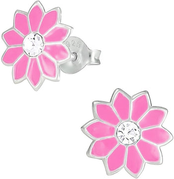 Hypoallergenic Sterling Silver Pink Flower with Crystal Stud Earrings for Kids (Nickel Free)