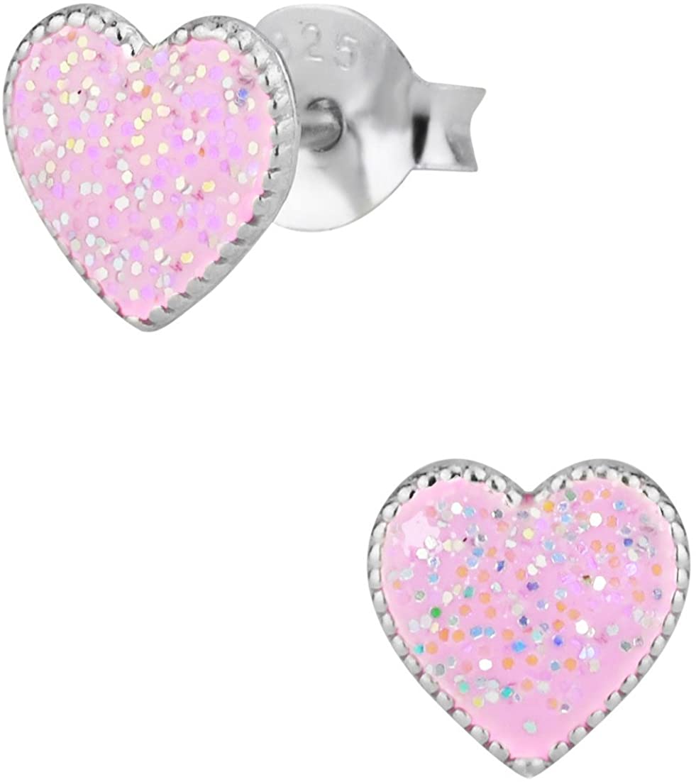 Hypoallergenic Sterling Silver Glitter Heart Stud Earrings for Girls (Light Pink)