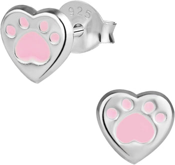 Hypoallergenic Sterling Silver Pink Heart Puppy Paw Print Stud Earrings for Kids (Nickel Free)