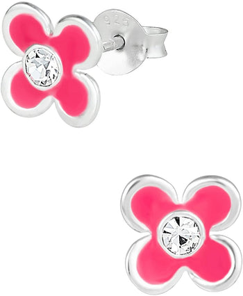 Hypoallergenic Sterling Silver Pink Flower with Crystal Stud Earrings for Kids (Nickel Free)