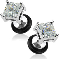 Forbidden Body Jewelry 16g Surgical Steel Square Crystal Dia Cut Cheater Plug Earrings (Choose CZ Color)