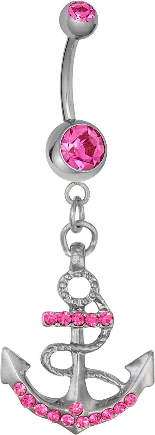 Forbidden Body Jewelry Surgical Steel Pink CZ Crystal Anchor Nautical Dangle Belly Button Ring