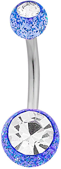 Surgical Steel Jeweled Blue Glitter Double Ball Belly Button Ring