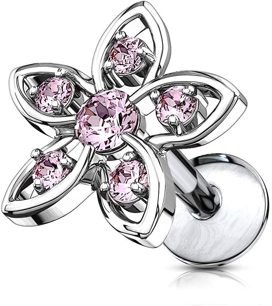 Forbidden Body Jewelry 16g Internally Threaded Surgical Steel CZ Flower Top Cartilage Stud (Choose Length)