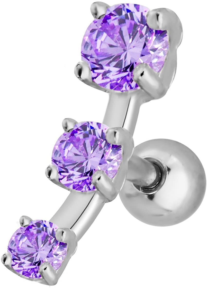 Forbidden Body Jewelry 16g 6mm Surgical Steel Triple CZ Crystal Curved Cartilage Stud Earring