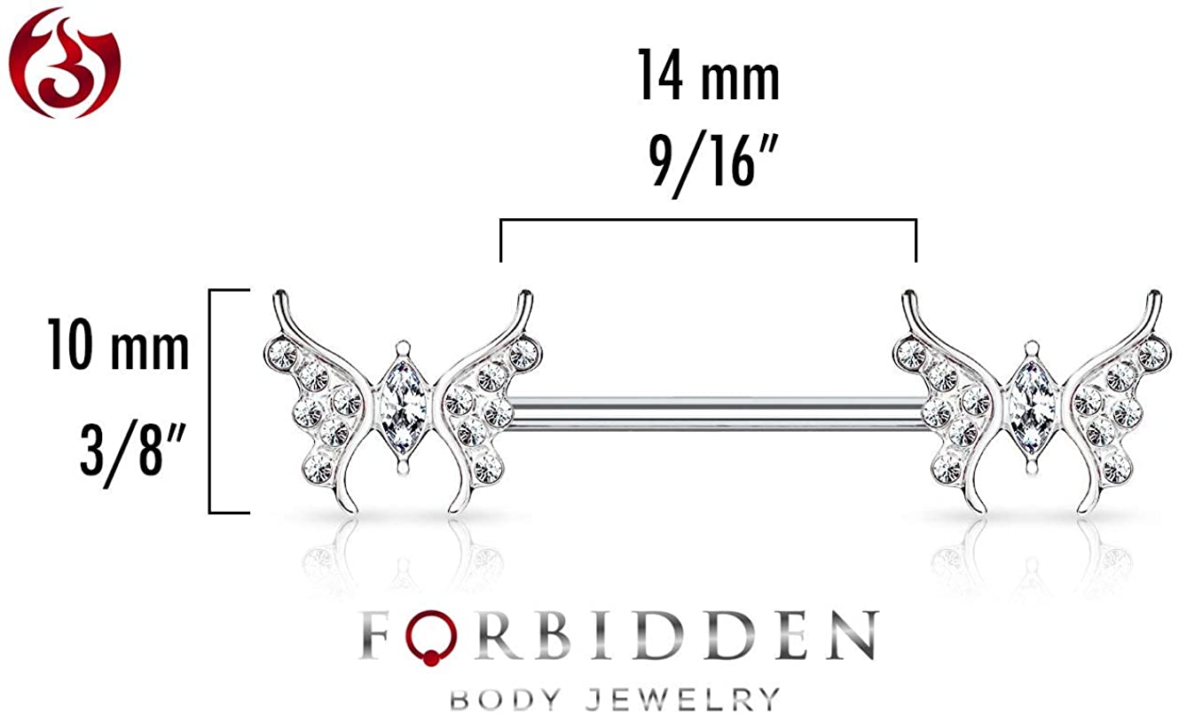 Forbidden Body Jewelry Pair of Surgical Steel 9/16 Inch (14mm) Sexy Whimsical CZ Studded Butterfly Nipple Rings