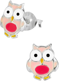 Hypoallergenic Sterling Silver Pink Owl Stud Earrings for Kids (Nickel Free)