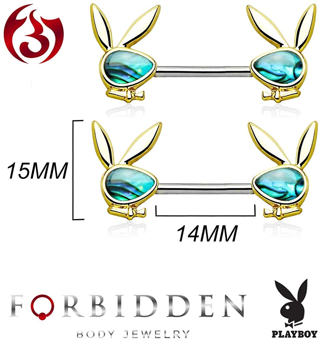 Forbidden Body Jewelry Surgical Steel Abalone Shell Playboy Bunny Emblem Nipple Barbells