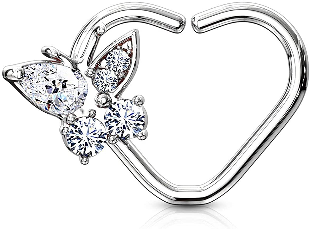 Forbidden Body Jewelry 16g Platinum & Gold Plated Heart w/CZ Butterfly Daith & Cartilage Hoop Earring