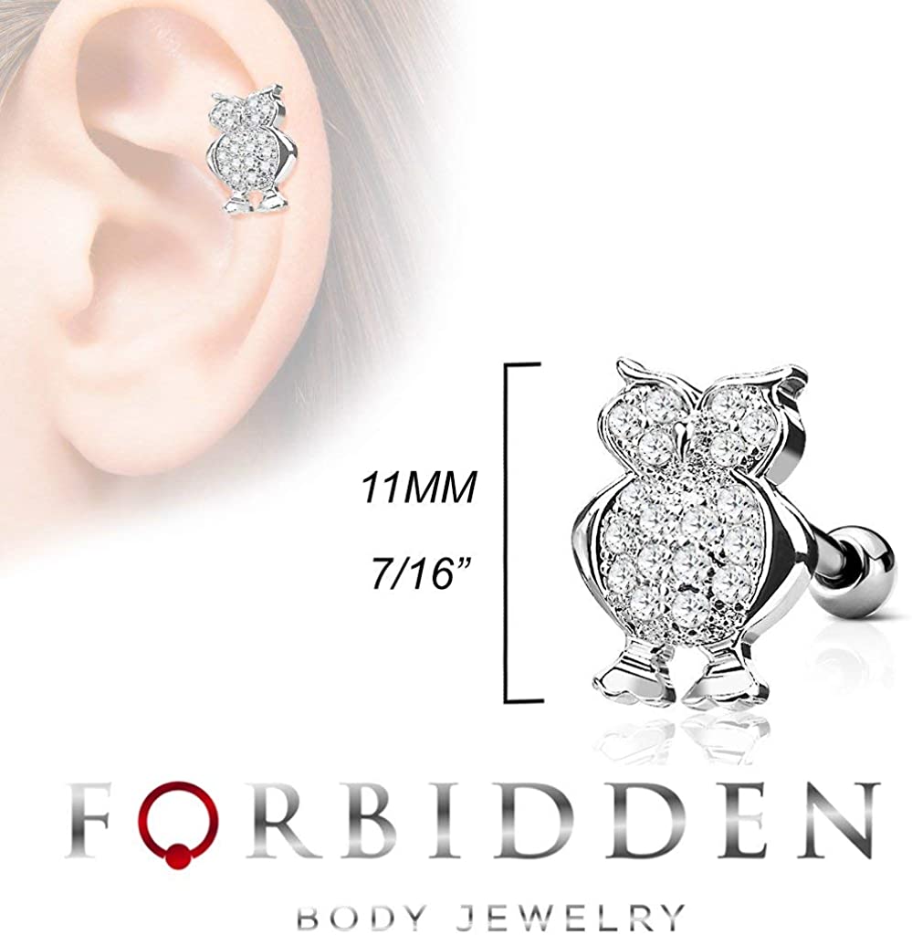 Forbidden Body Jewelry 16g Surgical Steel CZ Paved Owl Cartilage Stud Earring