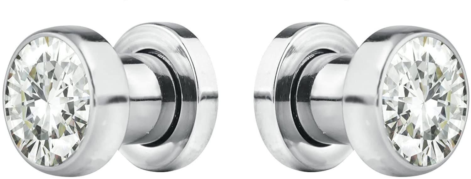 Forbidden Body Jewelry 8G-7/8 Surgical Steel Screw Fit CZ Center Tunnel Plug Earrings (Sold as Pair)