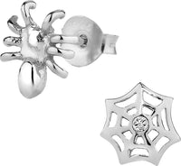 Hypoallergenic Sterling Silver Halloween Web & Spider Mismatched Stud Earrings for Kids (Nickel Free)