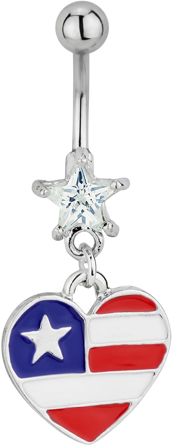 Forbidden Body Jewelry Surgical Steel American Flag Heart Jeweled Dangle Belly Button Ring