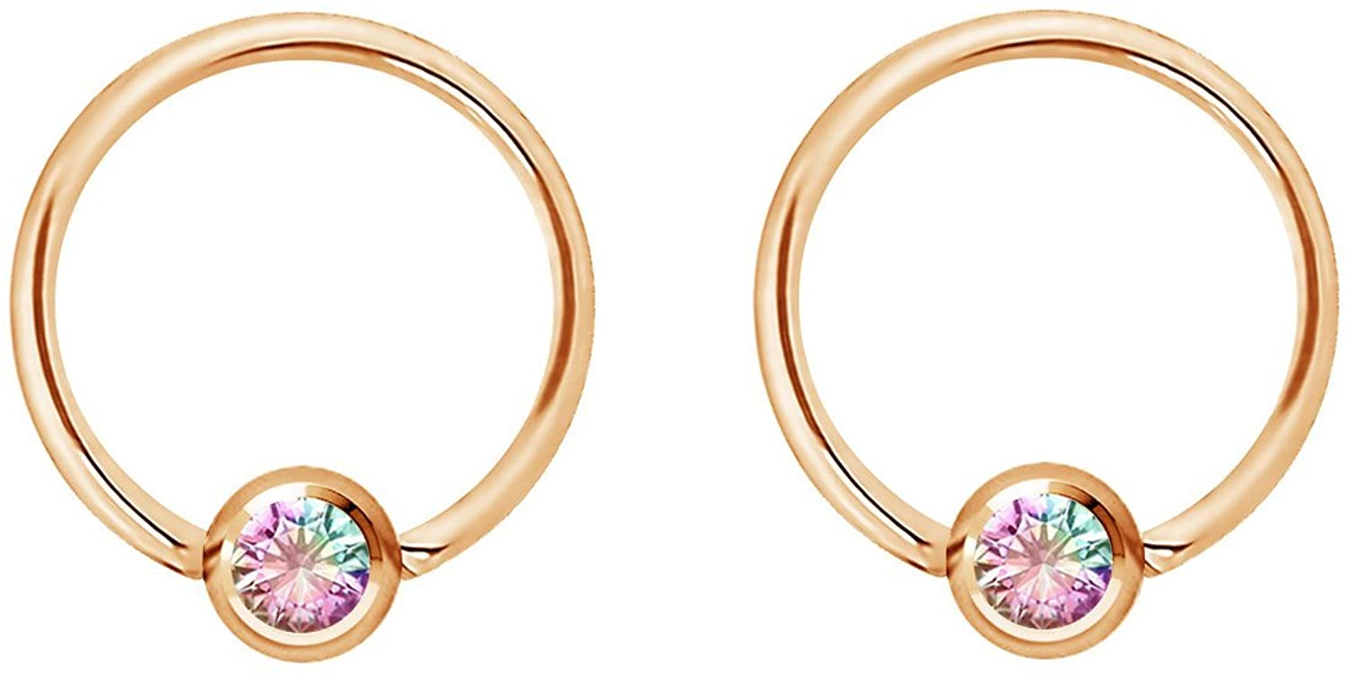 Pair 14g-20g Gold & Rose Gold Tone Surgical Steel CZ Gemmed Captive Bead Body Piercing Hoops (2pcs)