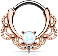 Forbidden Body Jewelry 16g Synthetic Opal Rose Gold Plated Filigree Detail Septum Hoop Clicker Ring