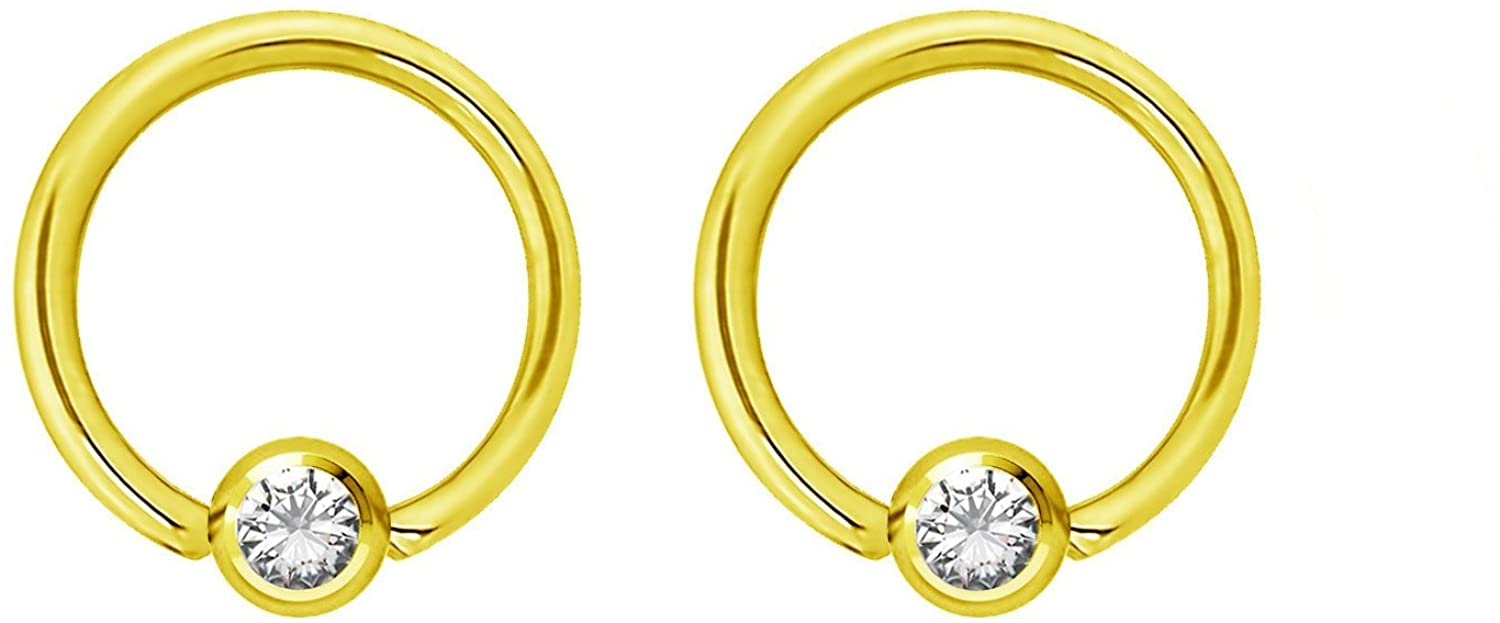 Pair 14g-20g Gold & Rose Gold Tone Surgical Steel CZ Gemmed Captive Bead Body Piercing Hoops (2pcs)