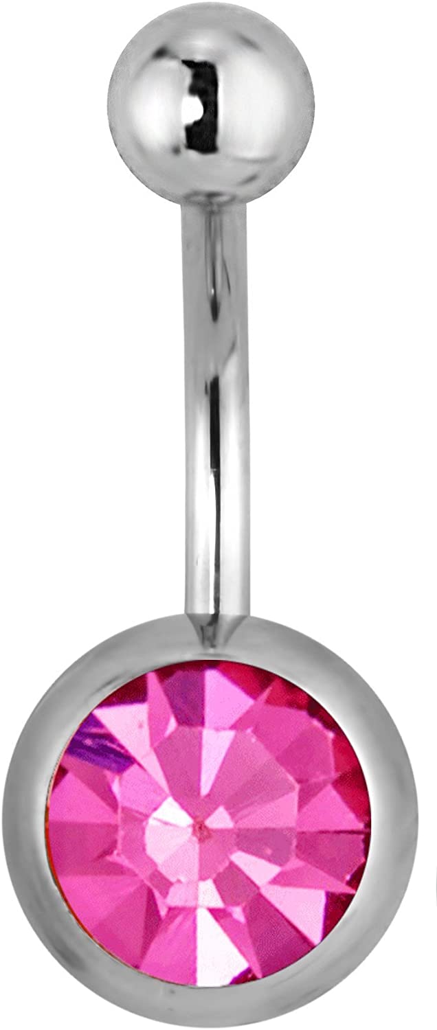 Surgical Steel Large Solitaire Bling Pink Jeweled Belly Button Ring