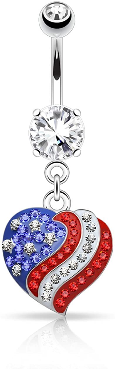 Forbidden Body Jewelry American Flag Heart Pave CZ Crystal Dangle Belly Button Ring