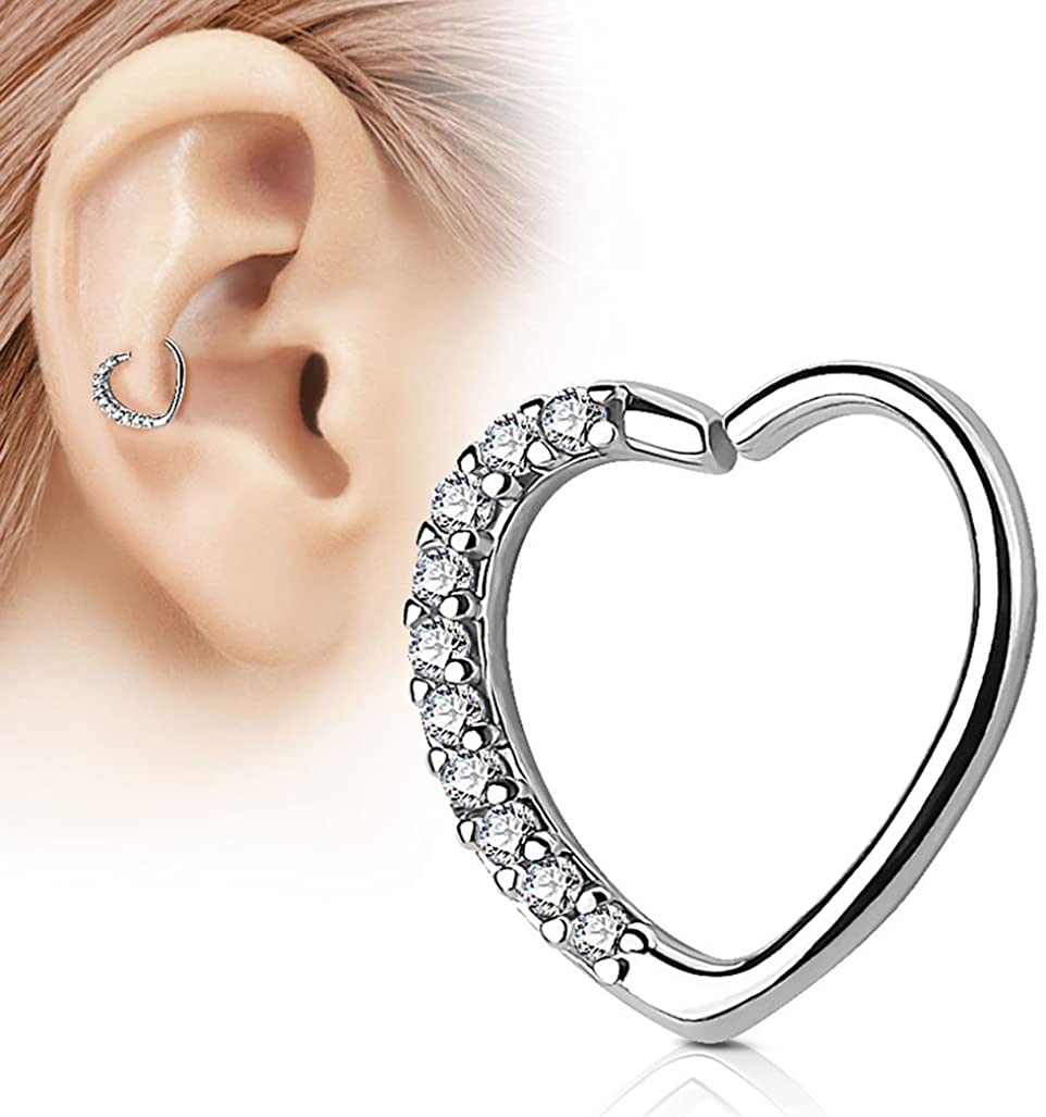 Forbidden Body Jewelry 16g CZ Lined Heart Hoop Cartilage Piercing Earring (Right Ear Only)