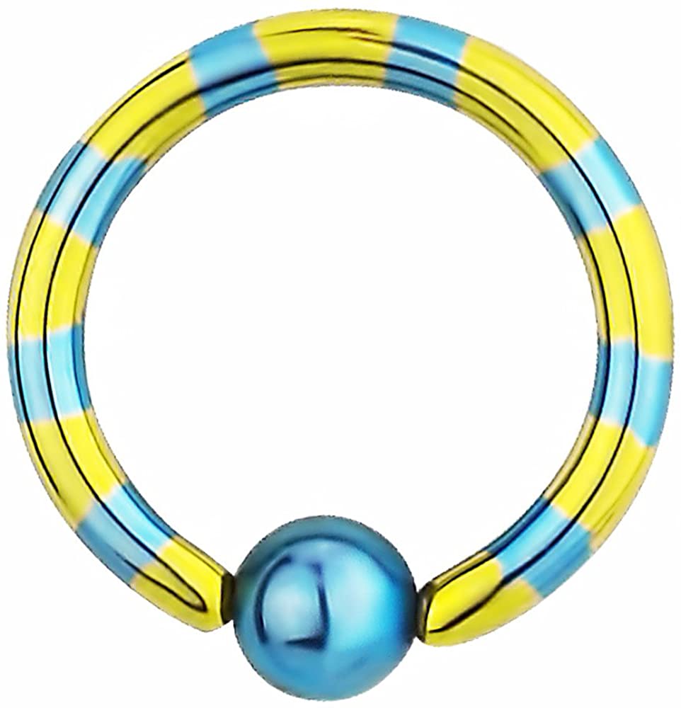 Forbidden Body Jewelry 16g 8 mm (5/16 Inch) Surgical Steel Blue & Yellow Striped IP Plated CBR Hoop Ring, 3 mm Ball