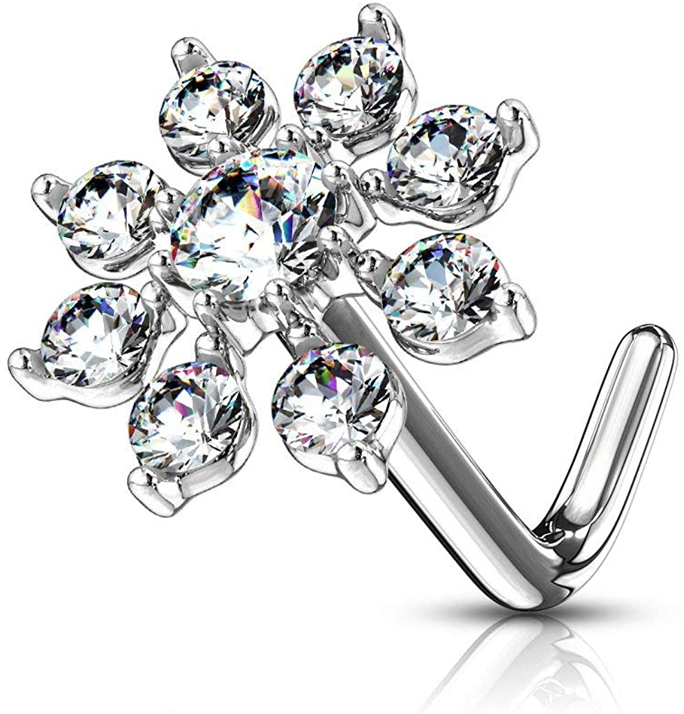 Forbidden Body Jewelry 20g Surgical Steel Big Bling 7mm CZ Snowflake L-Shape Nose Ring