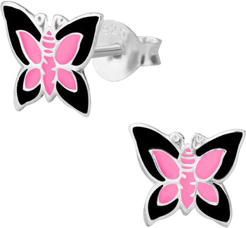 Hypoallergenic Sterling Silver Pink & Black Butterfly Stud Earrings for Kids (Nickel Free)