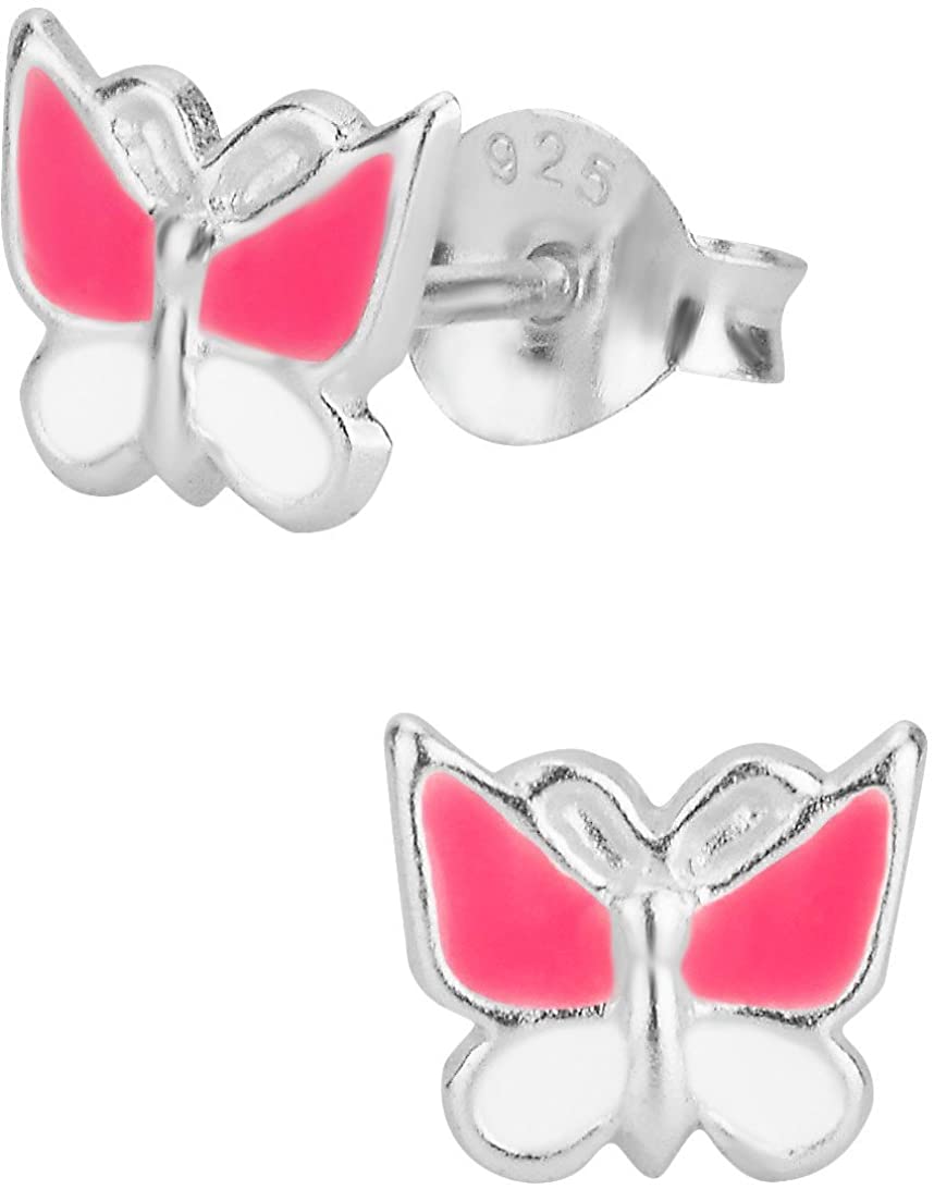 Hypoallergenic Sterling Silver Pink & White Butterfly Stud Earrings for Kids (Nickel Free)