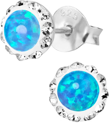 Hypoallergenic Sterling Silver Simulated Opal Framed Round Crystal Stud Earrings for Kids (Nickel Free)