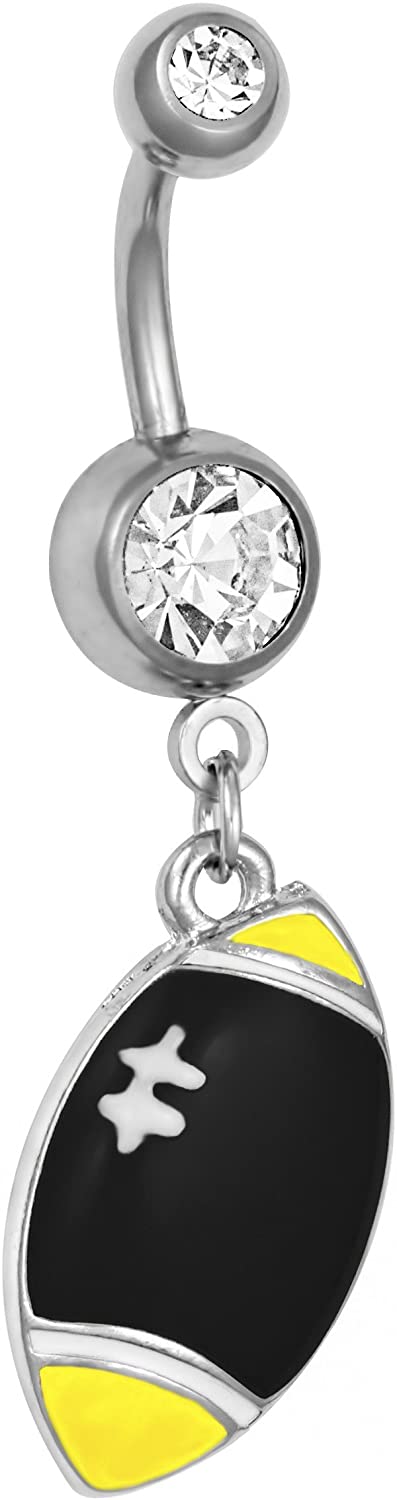 Surgical Steel Black & Yellow Football Double Jeweled Dangle Belly Button Ring