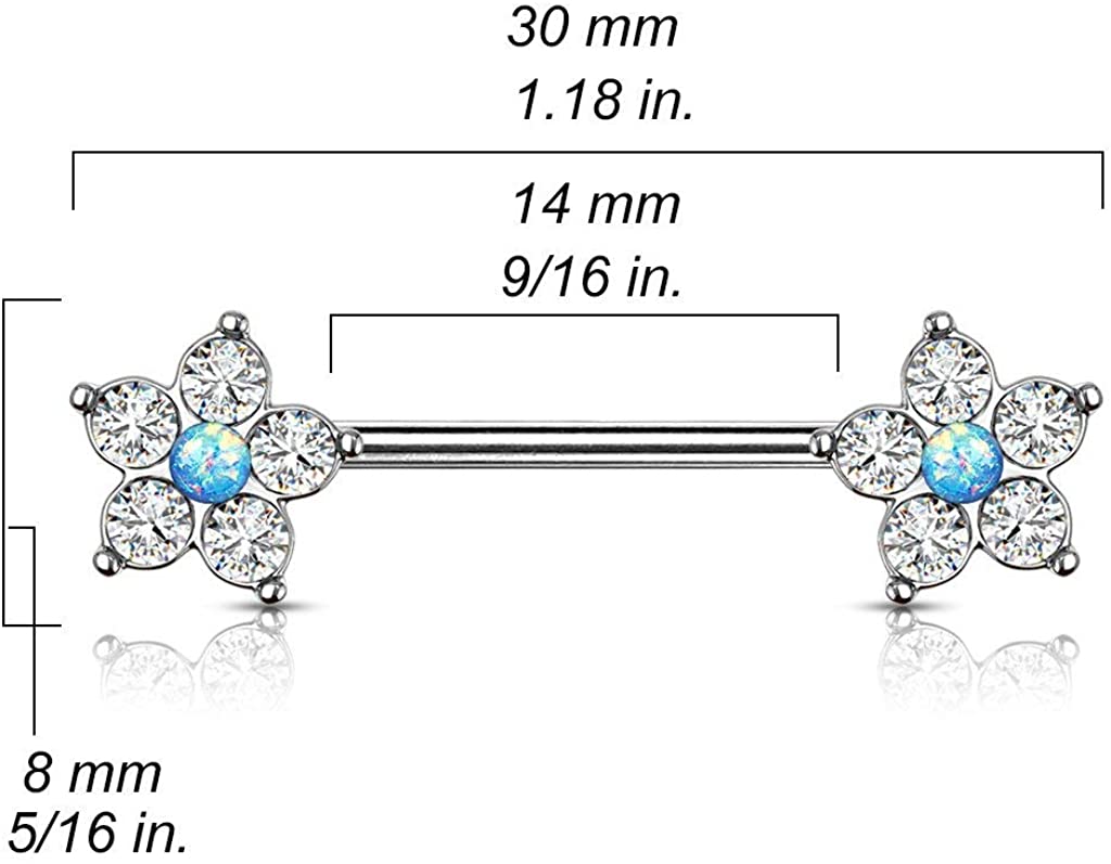 Forbidden Body Jewelry Pair of Surgical Steel 9/16 Inch (14mm) CZ Flower with Faux Centered Opal Nipple Barbells