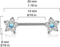 Forbidden Body Jewelry Pair of Surgical Steel 9/16 Inch (14mm) CZ Flower with Faux Centered Opal Nipple Barbells