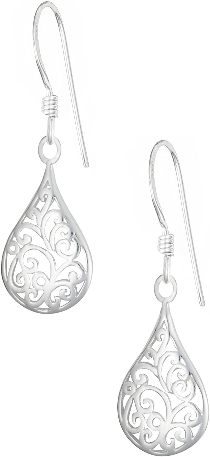 .925 Sterling Silver Hypoallergenic French Wire Filigree Tear Drop Dangle Earrings for Women