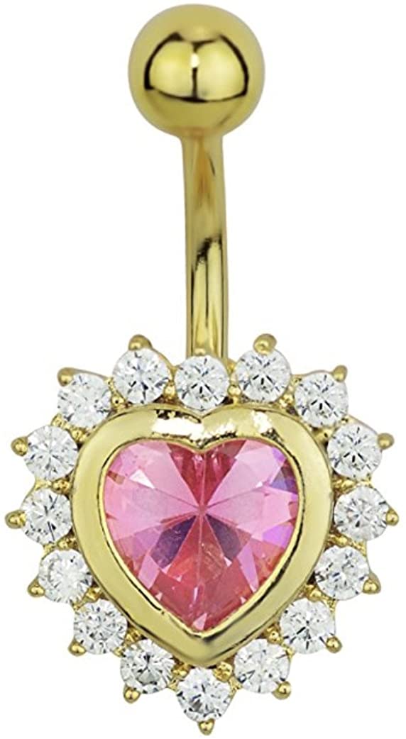 14k Gold Plated Surgical Steel Fancy CZ Crystal Framed Pink Heart Belly Button Ring