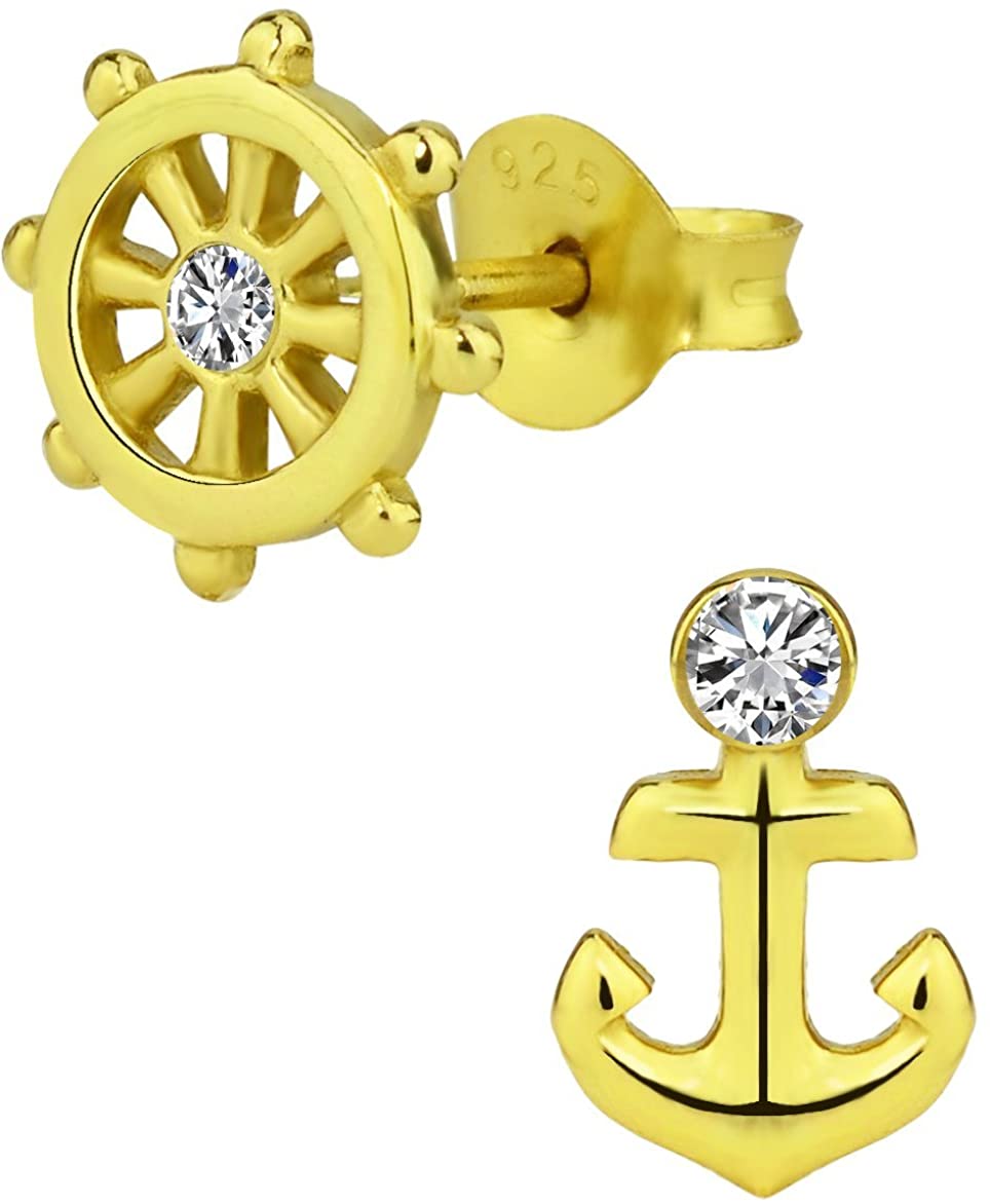 Hypoallergenic Sterling Silver Anchor & Ship Wheel Cute Mismatched Stud Earrings for Kids (Nickel Free)