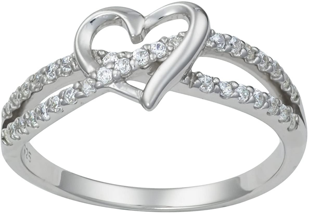 Kinzie Fashion Promise Ring Her: Sterling Silver Double Twisting CZ Simulated Diamond Heart Promise Ring