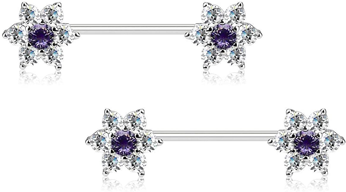 Forbidden Body Jewelry Pair of Surgical Steel 5/8 Inch (16mm) 7-CZ Posh Flower Nipple Barbells