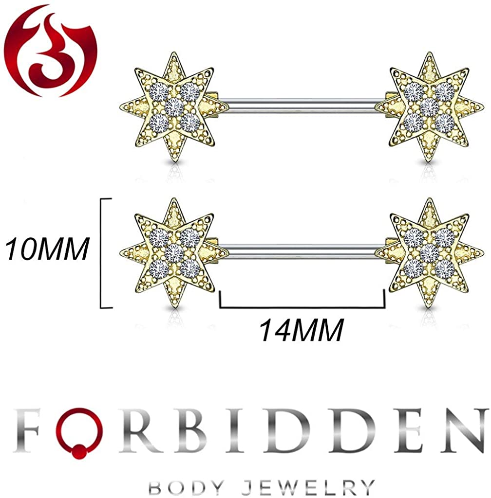 Forbidden Body Jewelry 14mm Surgical Steel CZ Supernova Star Nipple Barbells Pair