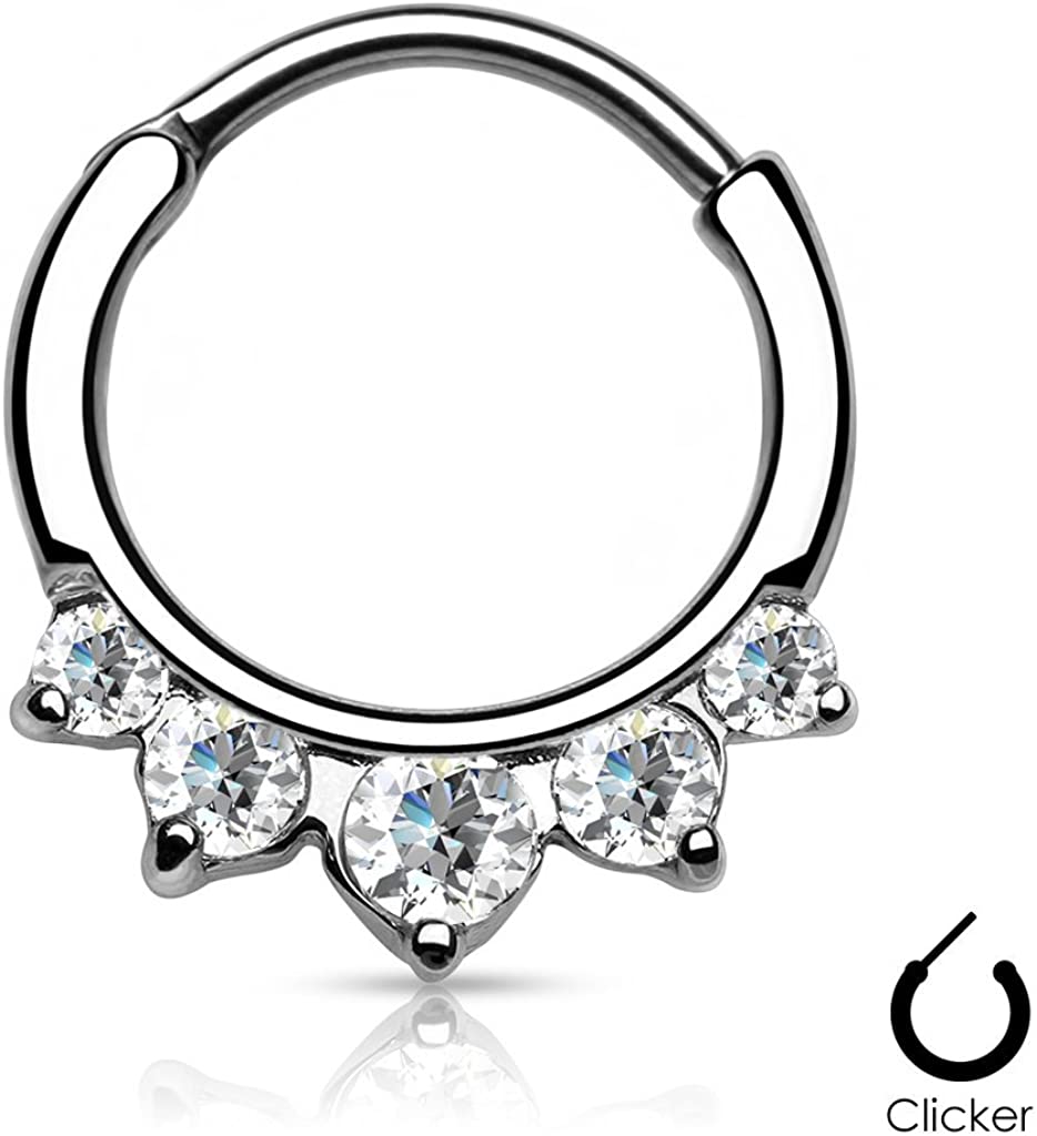 Forbidden Body Jewelry 16g 11mm Rounded Top 5-CZ Crystal Fan Design Clicker Hoop for Septum and Cartilage Piercings