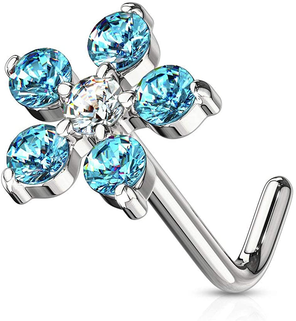 Forbidden Body Jewelry 20g Surgical Steel 6-CZ Crystal Flower L-Shape Nose Ring