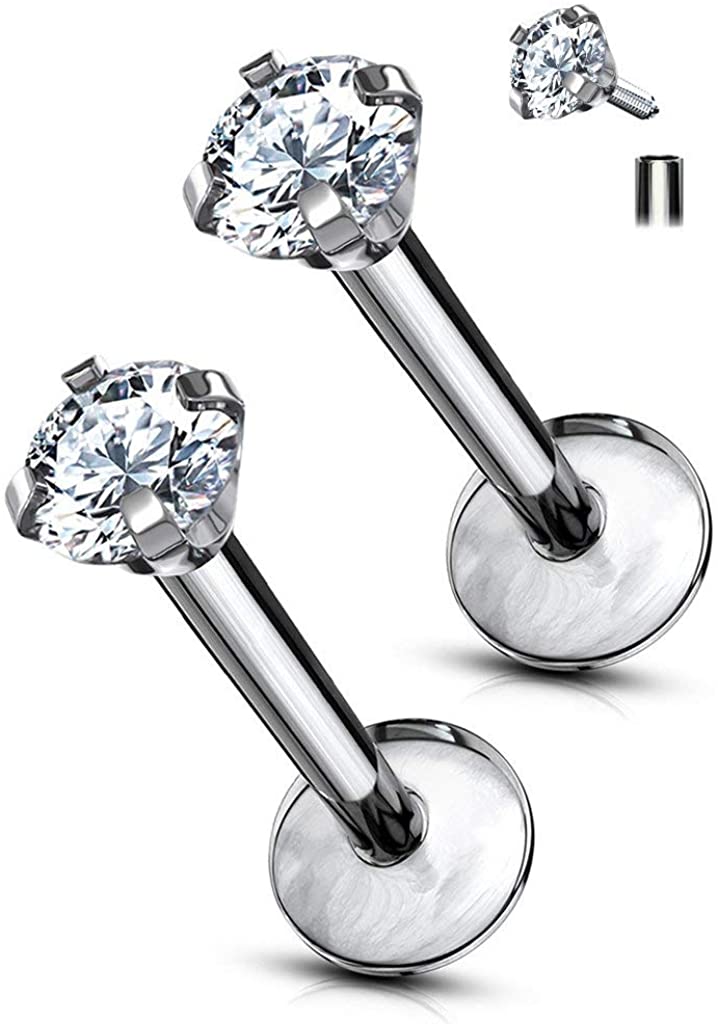 Forbidden Body Jewelry 16g Titanium Internally Threaded CZ Top Helix/Cartilage/Labret Piercing Stud