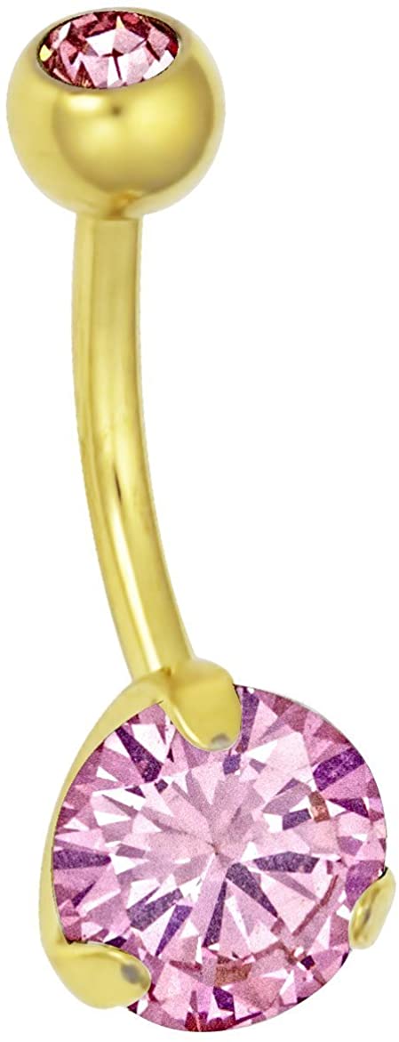 Forbidden Body Jewelry 14kt Gold Plated Surgical Steel Pink Double Jeweled CZ Crystal Belly Button Ring