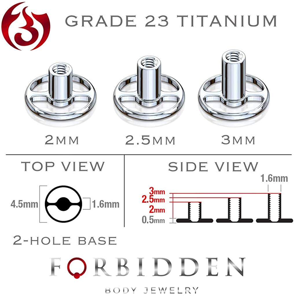 Forbidden Body Jewelry 14G Surgical Steel Flat CZ Dermal Tops and 2-Hole/4-Hole Grade 23 Titanium Bases