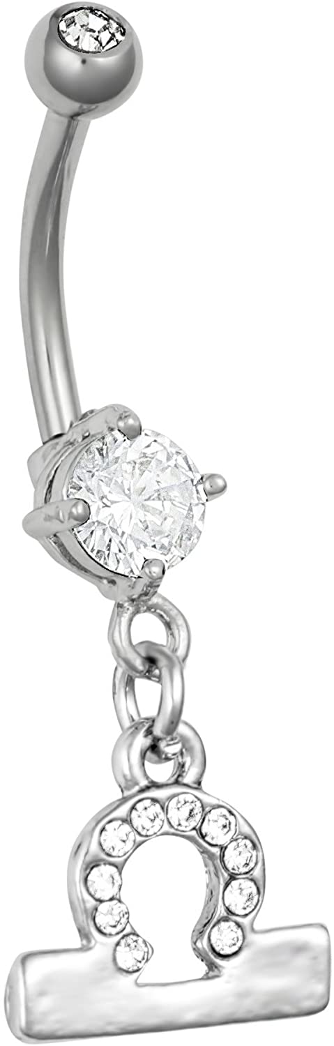 Surgical Steel CZ Jeweled Zodiac Sign Dangle Belly Button Ring