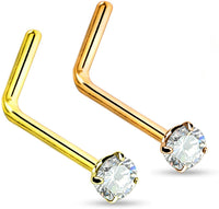 Forbidden Body Jewelry 20g Surgical Steel Gold Plated & Rose Gold Plated L-Shaped 2mm CZ Crystal Nose Studs