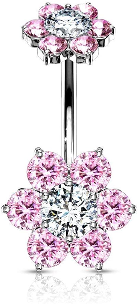 Forbidden Body Jewelry Surgical Steel Belly Button Ring with CZ Flower Design & Internally Threaded Matching Top