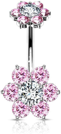 Forbidden Body Jewelry Surgical Steel Belly Button Ring with CZ Flower Design & Internally Threaded Matching Top