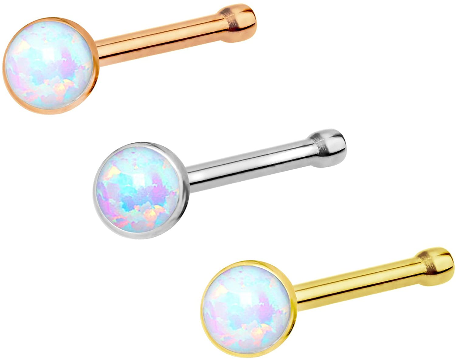 Forbidden Body Jewelry 20g 6mm Surgical Steel, Gold IP Plated & Rose Gold IP Plated Synthetic Opal Top Nose Stud