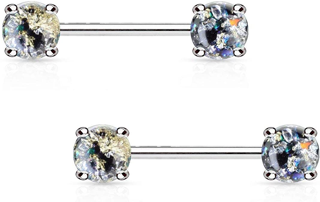 Forbidden Body Jewelry Pair of Surgical Steel 9/16 Inch (14mm) Glittery Faux Opal Stone Sexy Nipple Barbells